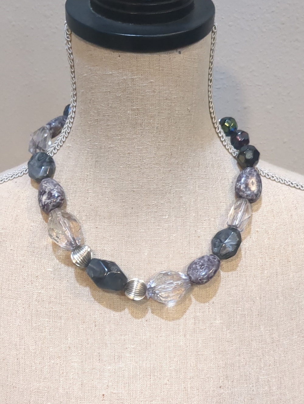 Chunky Mixed-Bead Necklace in Gray and Clear - Women Jewelry